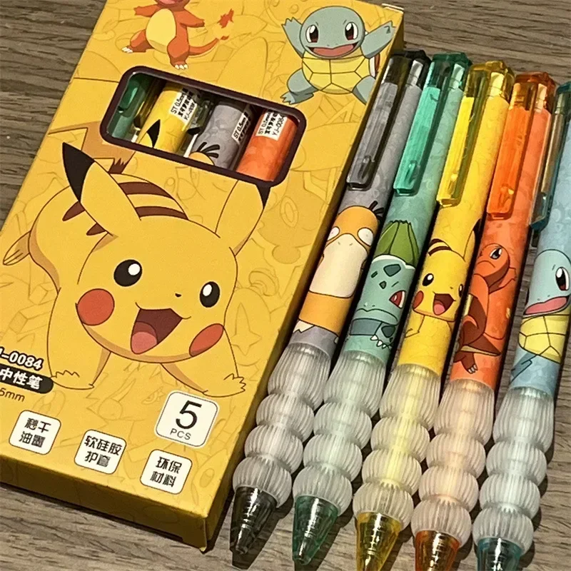 5pcs Anime Cartoon Pokemon Pikachu Gel Pen Cute Charmander Squirtle Press on Gel Pen Stationery School Supplies Holiday Gifts