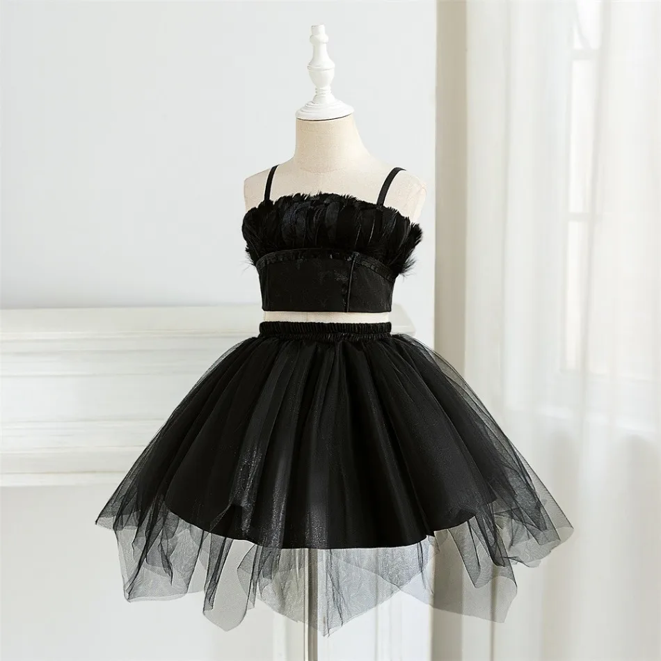 Girls Black Feather 2pcs Tutu Skirt Set Kids Black Swan Outfit Stage Dance Performance Halloween Dark Theme Party Costume ASQ03
