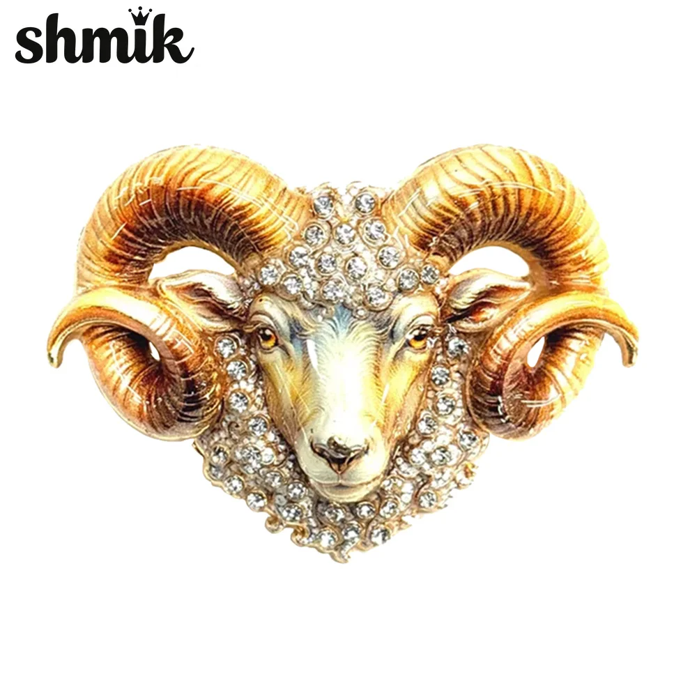 Enamel Aries Ram Head Brooch, Rhinestone Inlaid Sheep Alloy Pin, Vintage Zodiac Animal Brooch Women Coat Scarf Jewelry Gift