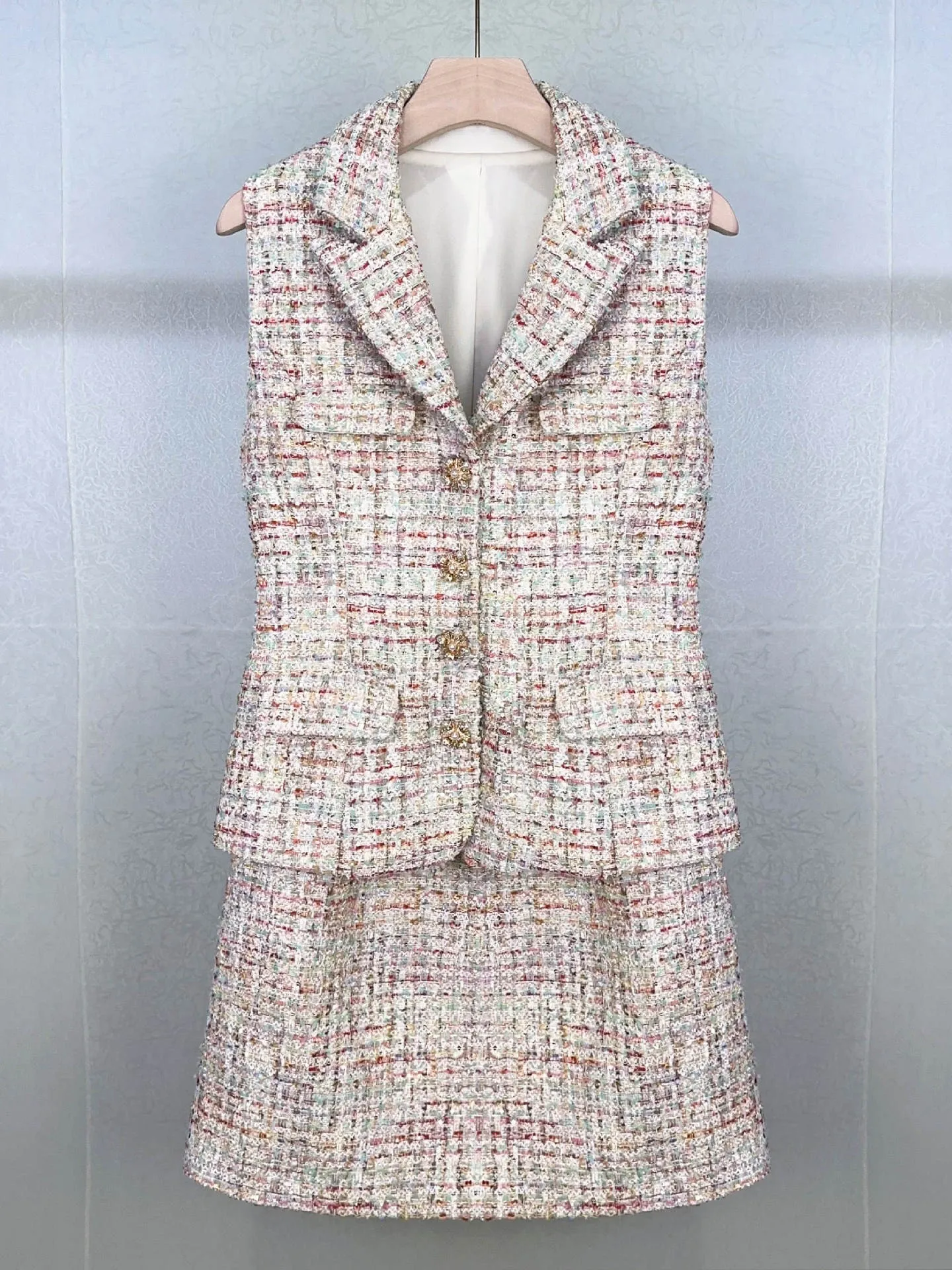 

Women Colorful Tweed Dress Fake Two Pieces Notched Sleeveless Buttons Decoration Sweet Autumn 2024 Mini Robe