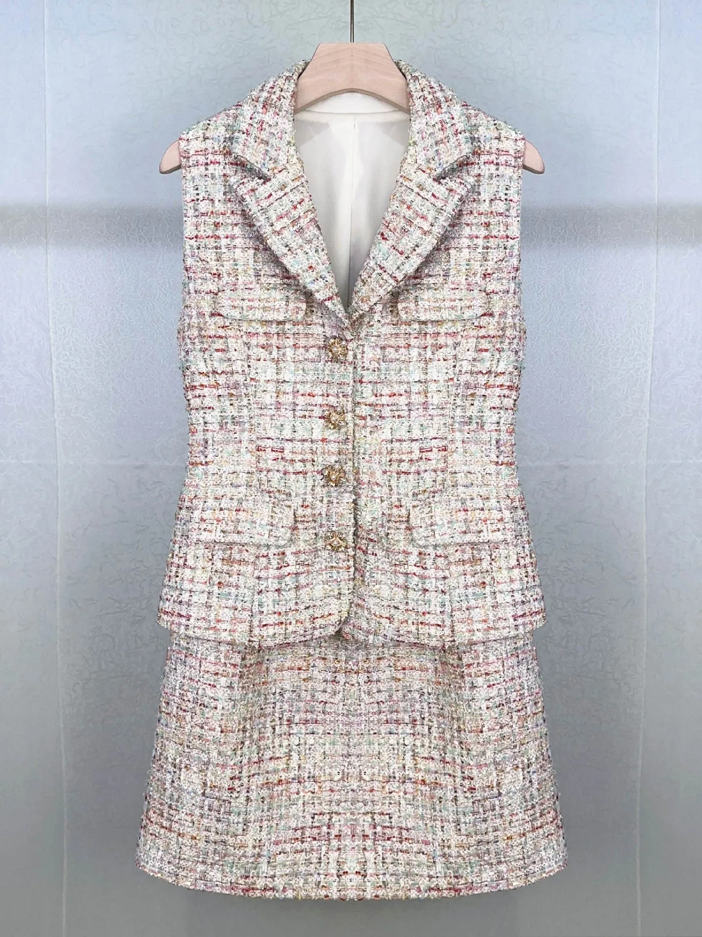 Women Colorful Tweed Dress Fake Two Pieces Notched Sleeveless Buttons Decoration Sweet Autumn 2024 Mini Robe