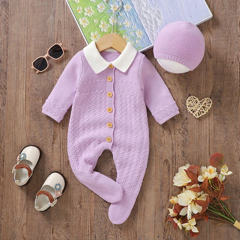 Baby Romper Knit Newborn Girl Jumpsuit Long Sleeve Overalls Pantyhose 2pcs Foot Warp Infant Child Clothes Hat 0-9M Fashion Solid