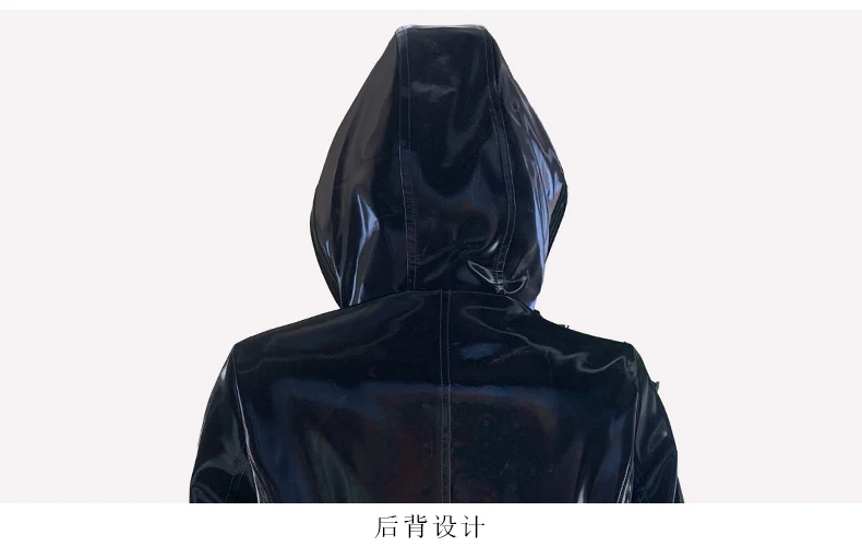 Nerazzurri Spring Fitted Waterproof Shiny Reflective Black Patent Faux Leather Jacket Women with Hood Zipper Red Autumn Clothes