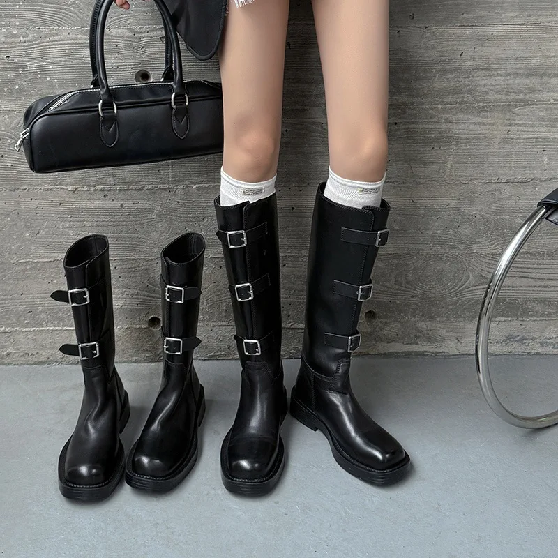 

Arden Furtado Autumn Black cowhide Riding boots Square toe Pull-on Middle heel Knee high boots Belt buckle Women's Boots