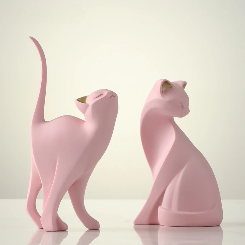 Pink Cat Nordic Miniatures Modern Living Room Vestibule Wine Cabinet Figurines Advanced Bionic Art Home Decor Statuette FYFM