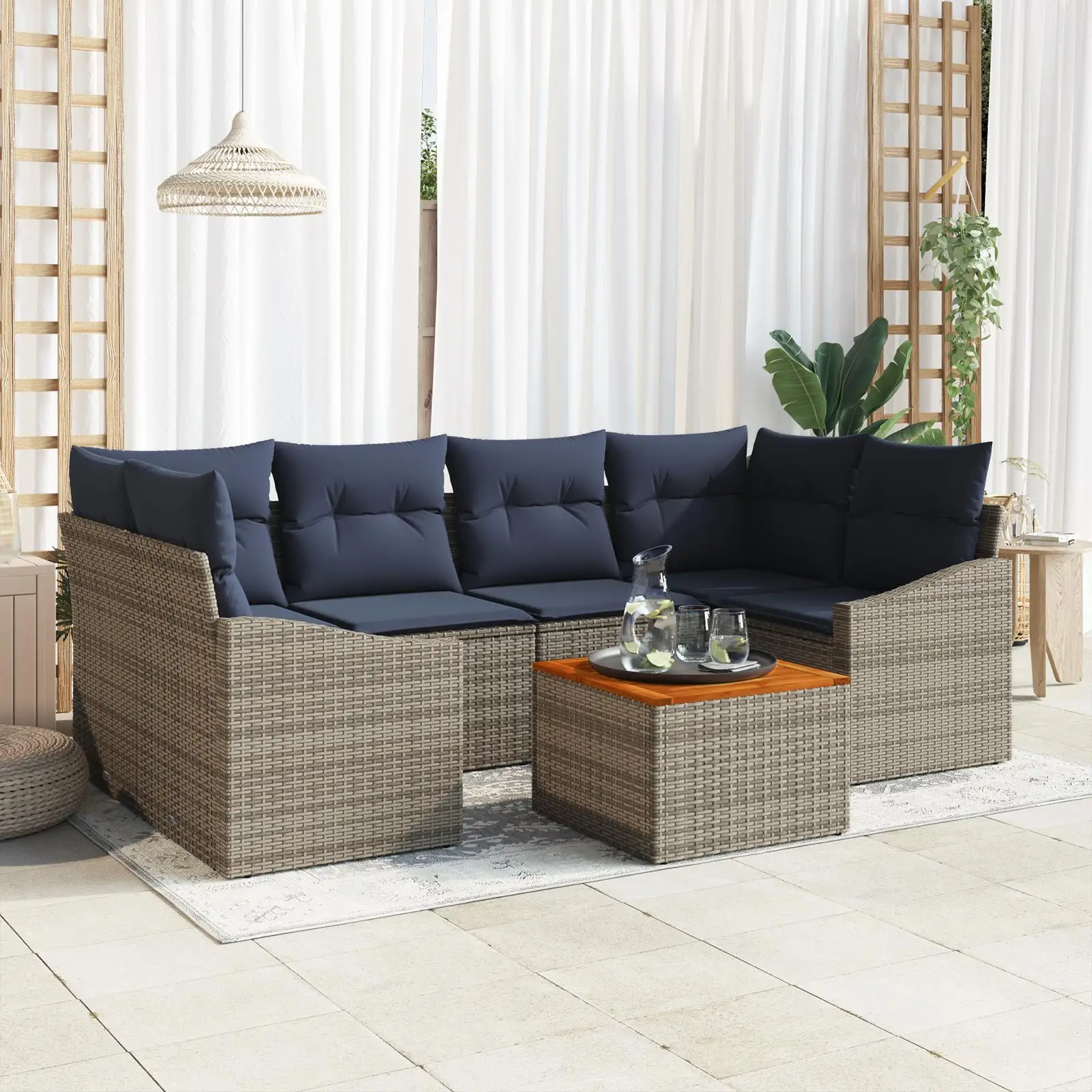 

7 Piece Outdoor Sofa Set with Cushions Grey Rattan and Acacia Wood Furniture