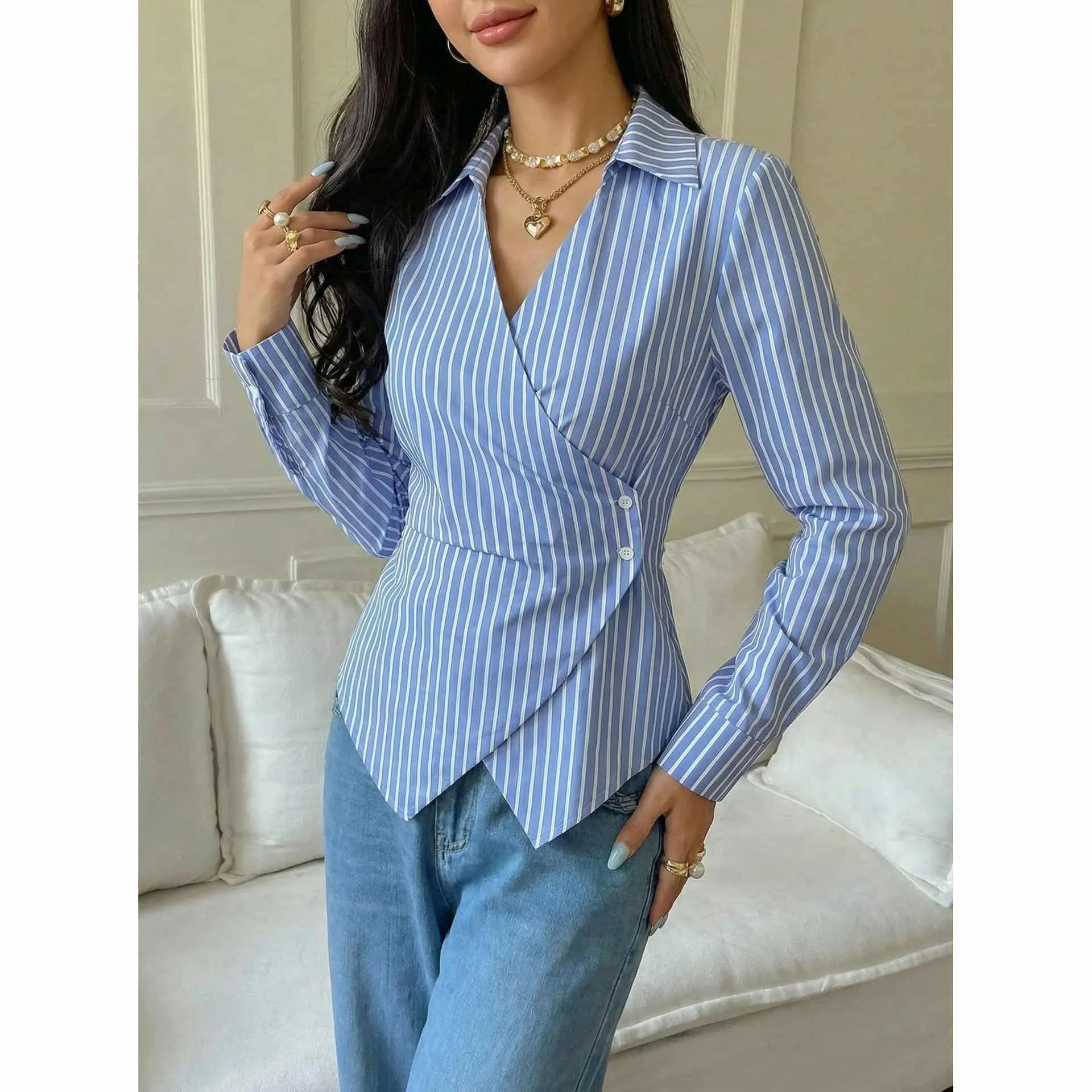 Long Sleeve Casual Women for v Neck Shirt For Spring Outing Polyester Fabric Medium Elasticity Spring Autumn Winter