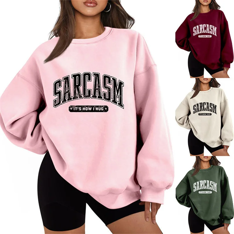 

Autumn-winter padded cotton SARCASM it's how i hug print warm and comfortable vintage crew-neck long sleeve hoodie for women