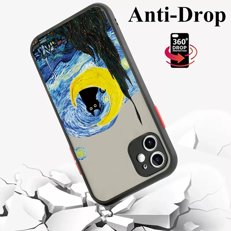 Oil Painting Van-Gogh Cat Phone Case for iPhone 15 14 Pro Max Plus 11 12 13 Pro Max XR X XS 8 7 Plus SE 2020 Hard Matte Cover