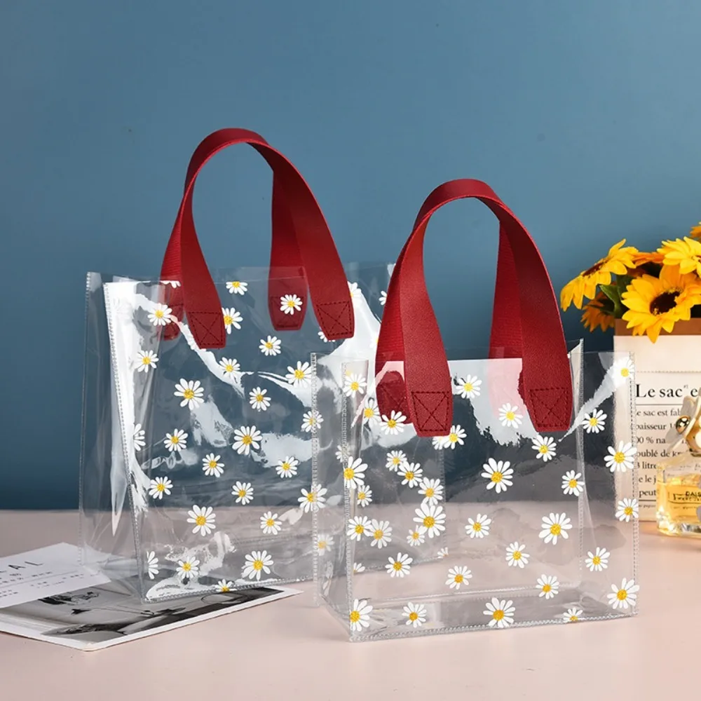 High Quality PVC Transparent Clear Tote Bag Little Daisy Waterproof Storage Bag Handle Gift Bag Transparent Shopping Bags