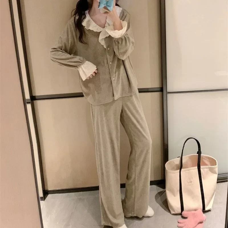 2024 Korean Style Pajamas Sweet Spring Autumn Sleepwear Women Long Sleeve Solid Color Home Suit V-neck Lace Nightdress