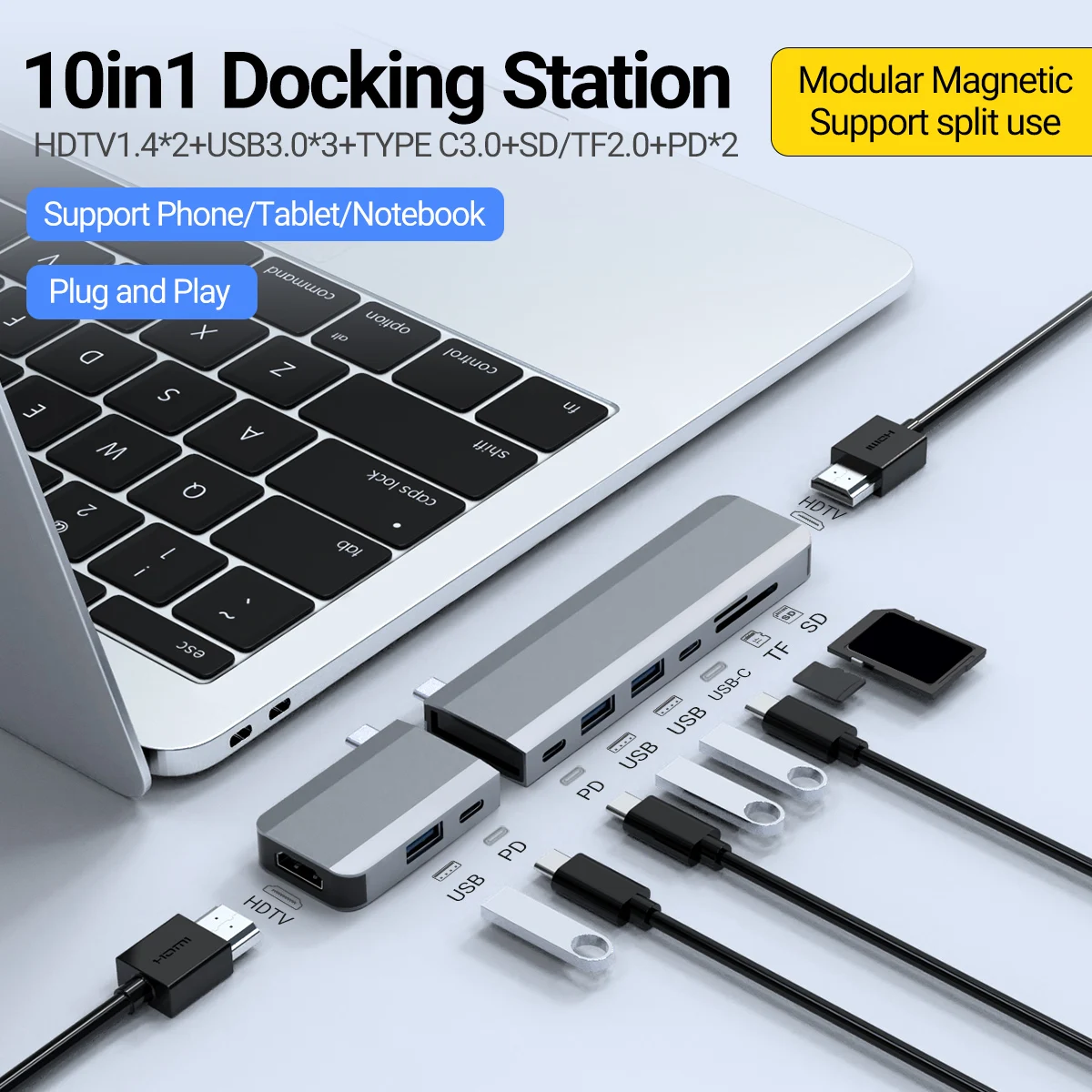 10-in-1 Detachable Dock Type C Hub Docking Station Adapter, Dock Extender, 4K, HDMI*2, TF/SD 2.0, PD100W Fast Charging, USB3.0