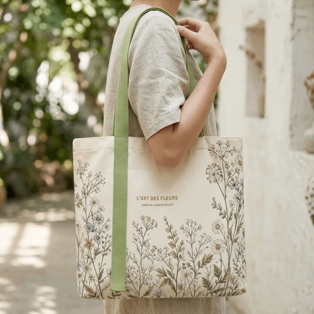 New Cotton Canvas Canvas Tote Bag Durable Lightweight Carry Bag Green Daisy Print Travel Bag Shopping Trips