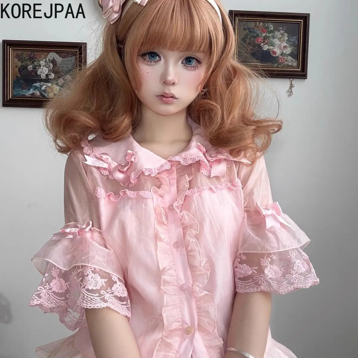 

Korejpaa Lolita Shirts Women Japan Style 3D Flower Peter Pan Collar Lace Chiffon Cute Shirt Kawaii Clothes Camisas De Mujer