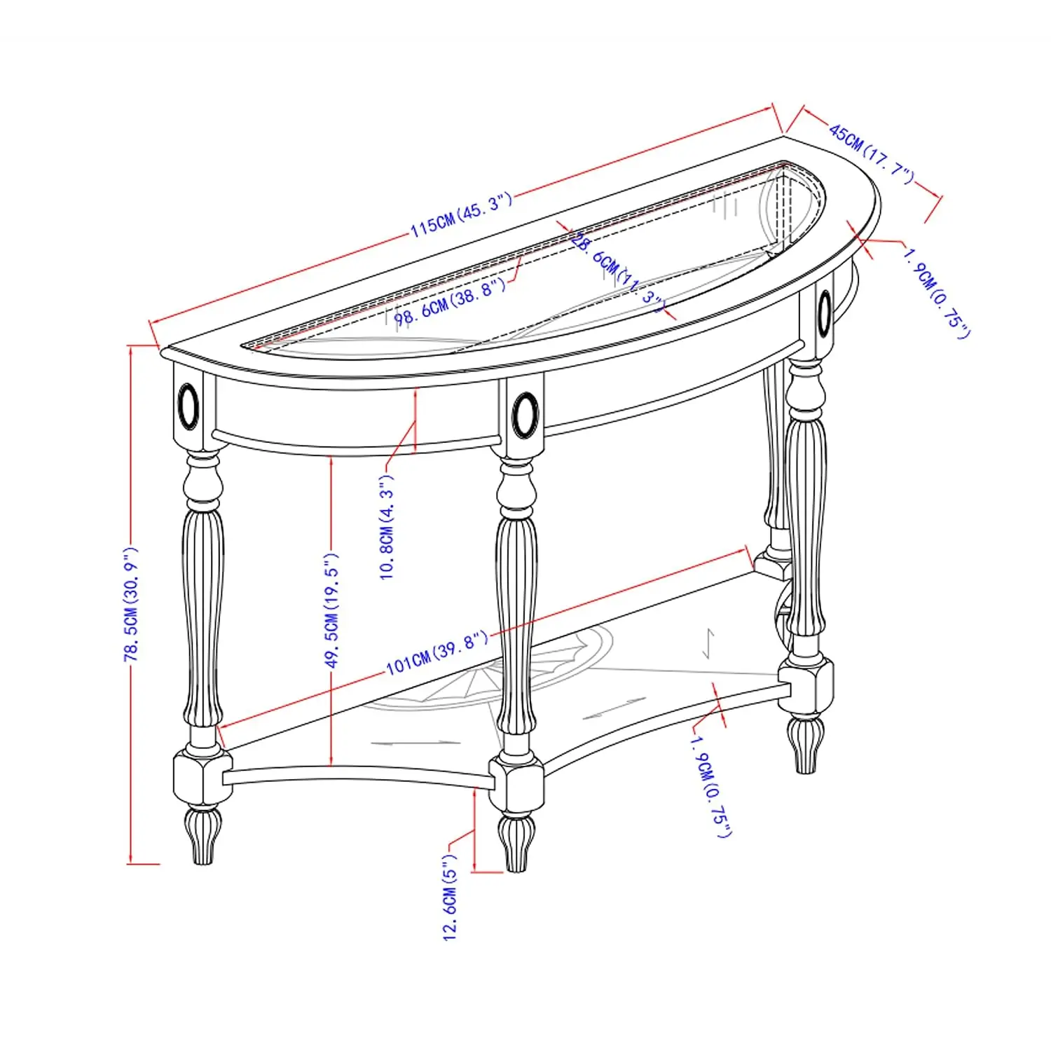 Traditional Wood Semi-Circle Sofa Table 2-Tier Glass Top Console Entryway Hallway Furniture, Customized
