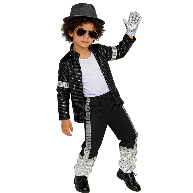 Retro-Popstar-Auftrittsanzug für Jungen, schwarz-silberne Paillettenkleidung, Komplettset, Kinder-Halloween-Maskerade-Hip-Hop-Partykostüm – Detail 4