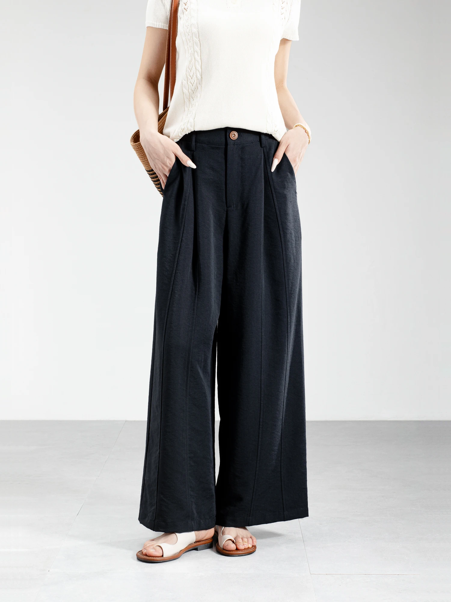 

Элегантные женские брюки-палаццо для повседневной носки, весна-лето, тонкие, с эластичным поясом, свободные, стройнящие, прямые, из хлопка и льна