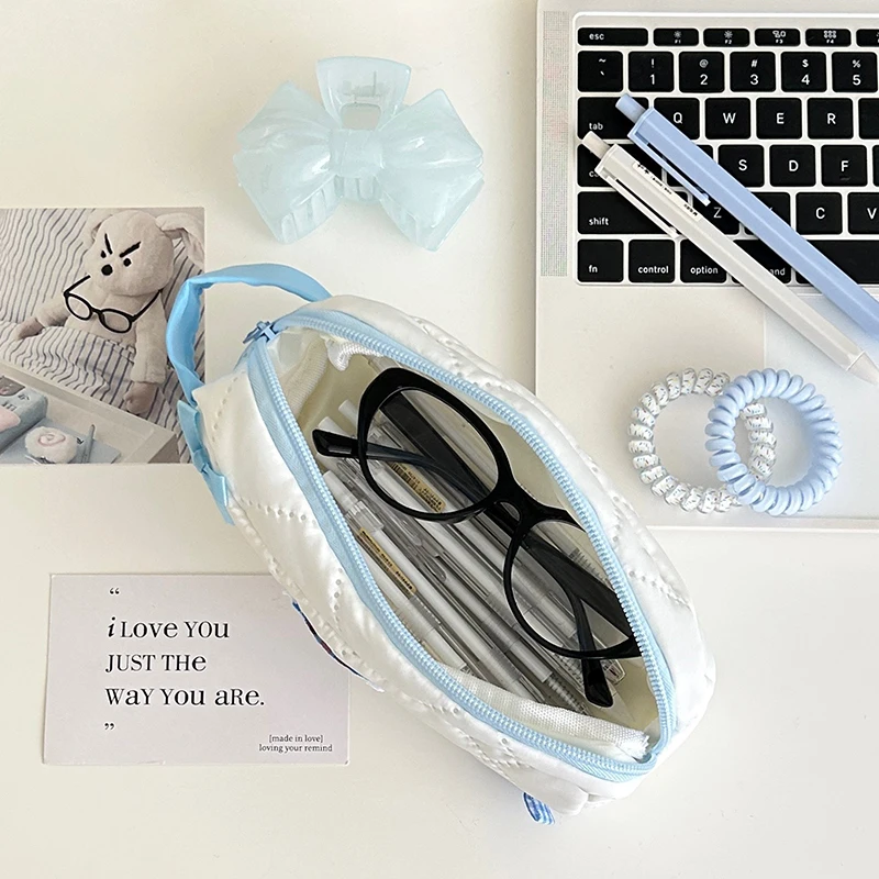 Bow Cosmetic Bag Handbag Zipper Office Cute Student Pen Bag French Style Multifunctional High Capacity