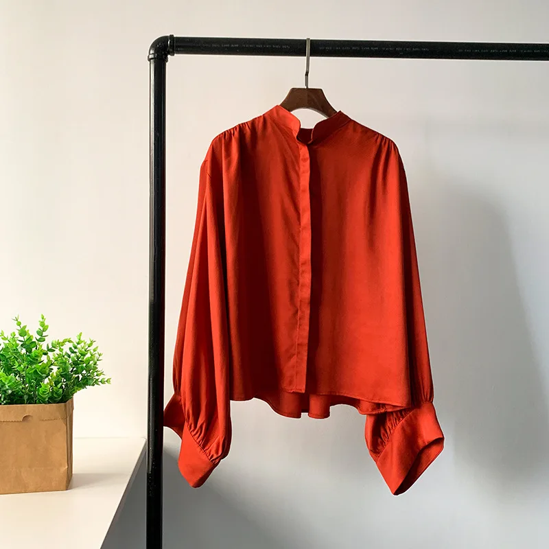 Withered Nordic Style Niche Loose Rust Red Retro Lantern Sleeve Stand Up Collar Shirt Blouses Women's Clothes Shirts Tops