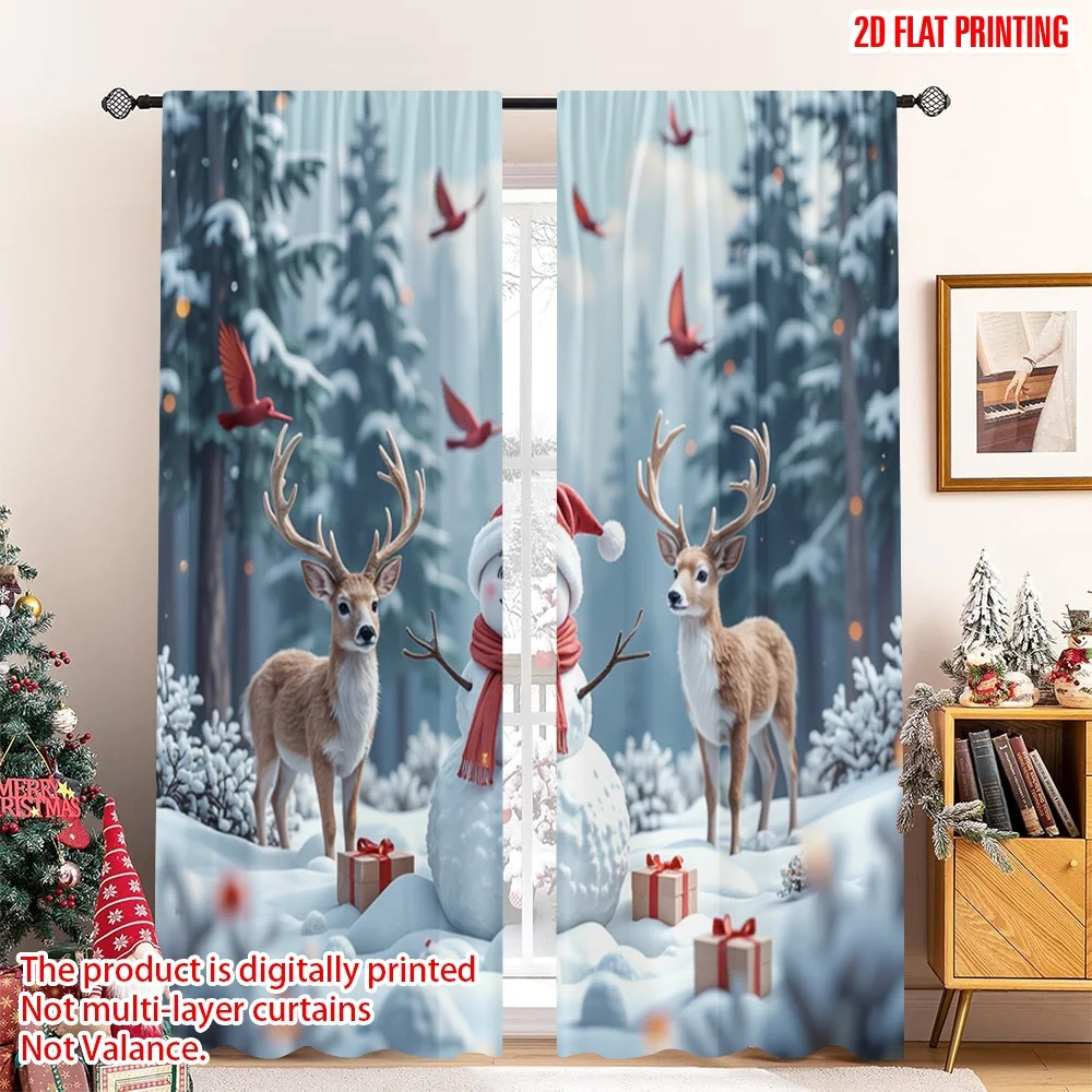 

2pcs 2D flat printing Christmas Window Drapes Winter Deer Snowman Forest Gifts Fabric Without Electricity Family Party Use for