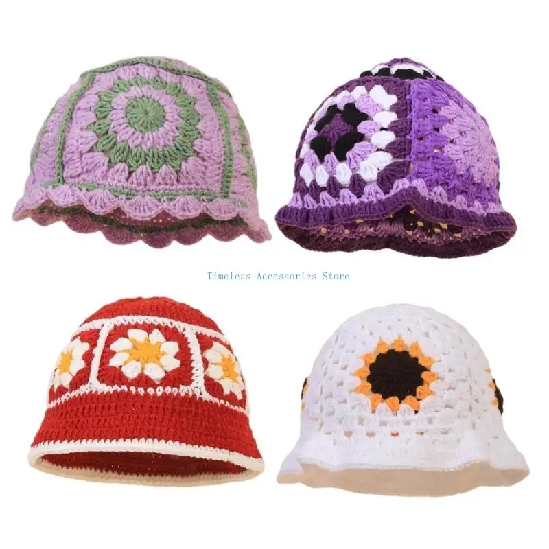 

97QE Handmade Floral Bucket Hat Granny-square Bucket Hat Knit Hat for Schoolgirls