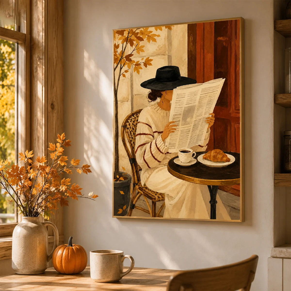 Autumn Lady Reading Newspaper Coffee Croissant Canvas Poster Wall Art,2D Print,Vintage Home Gift For Living Room Dining Room