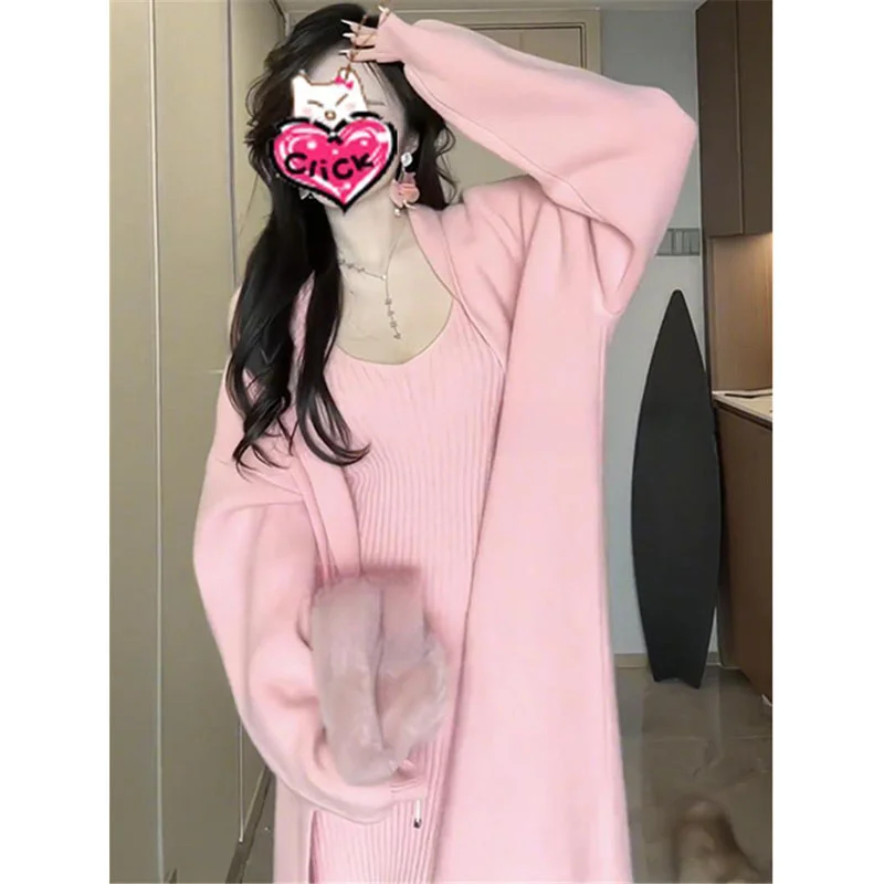

2025 Spring Autumn New Fashion Loose Long Sweater Knitted Cardigan Elegant Dress And Sweater Set for Women Two-Piece Set Green