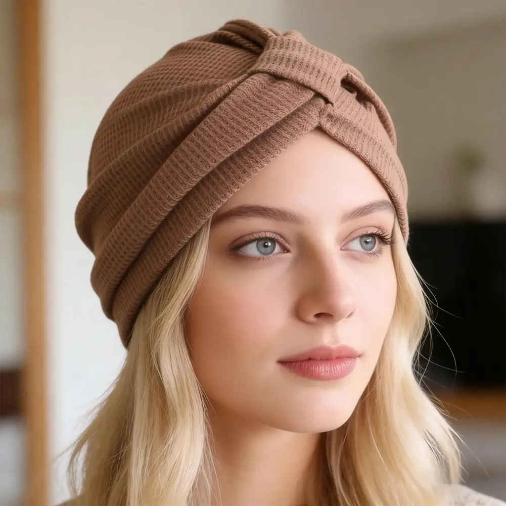 Turban Hat Solid Color Elastic Knotted Design Head Wrap Thickened Waffle Texture India Ethnic Style Turban Hat Headwear Cap 모자