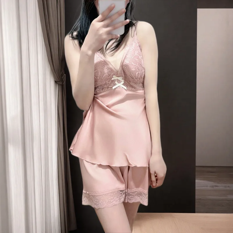 Internet Celebrities New Ice Silk Pajamas Sexy Lace Suspender Shorts Summer with Chest Pad Two-piece Set Loungewear