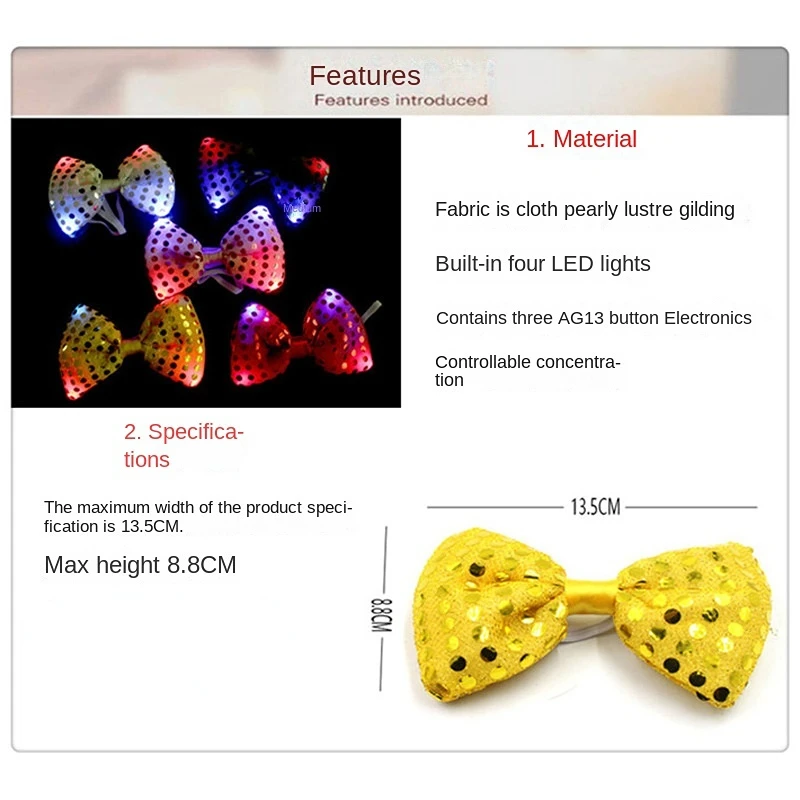 1pcs LED Light Up Flashing Sequin Bow Ties Tie for Birthday   New Year Party   Halloween Wedding Festival