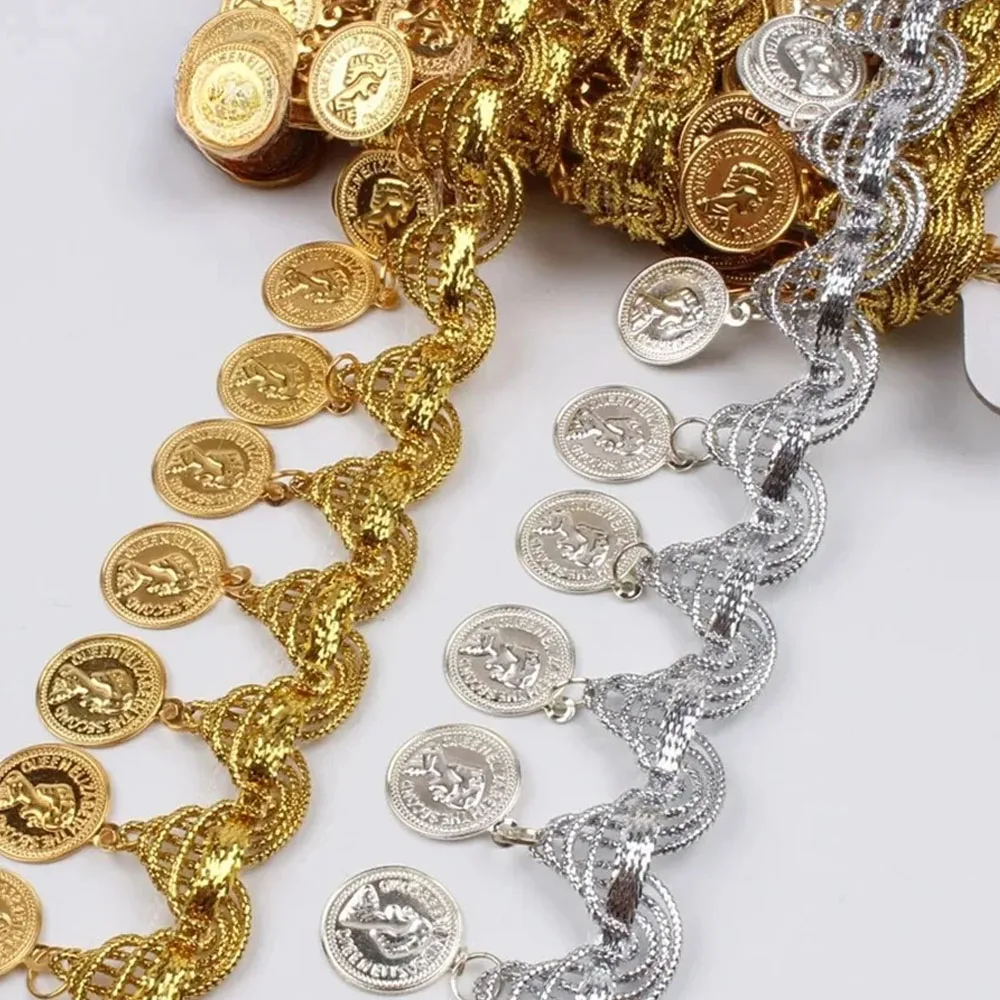 Goldmünzenförmige Paillettenbesatz-Borte mit Quasten, 4 cm breit, Pailletten-Quastenband, Fransen für Tanzkleider, Gürtel, Ketten, Kleidung – Detail 1