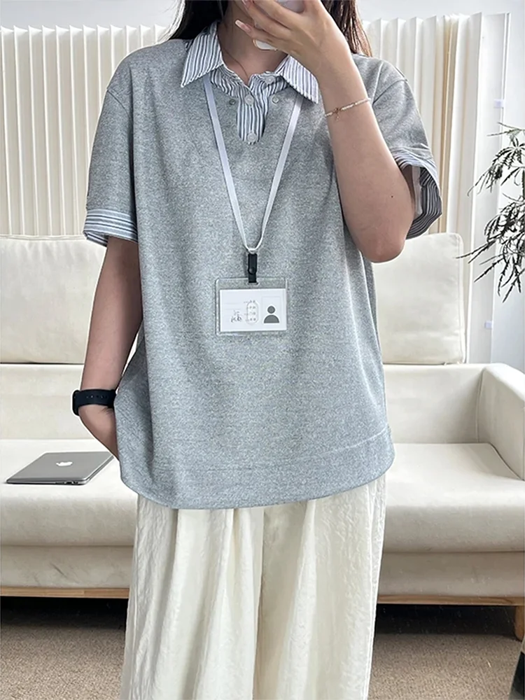 

Striped Collared Fake Two-Piece irt ort Sve Men's Summer American Retro College Sle Design Sense T-irt