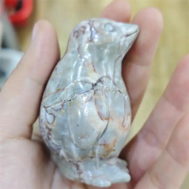 Natural Red Network Stone Penguin Crystal Love Healing Fengshui Stone Gemstones Home Decoration Holiday Gift 1PCS