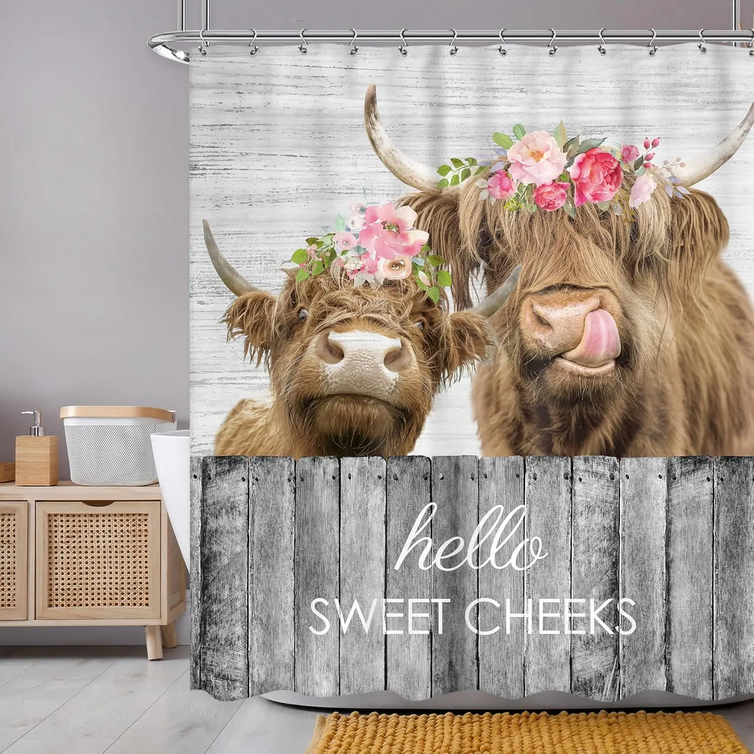 

Farmhouse Highland Cow Shower Curtain Rustic Bull Western Funny Animal Floral Wood Board Shower Curtain Bathroom Set Vintage
