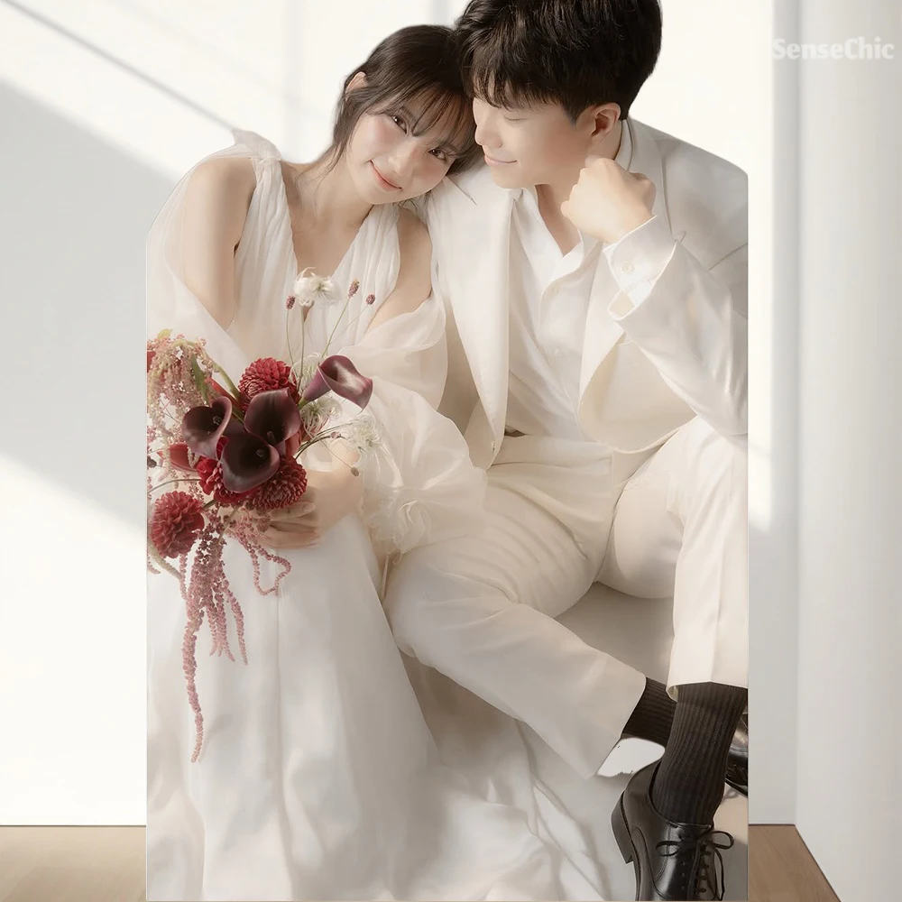 

Puff Sleeve Wedding Dresses V Neck Bride Gowns for Woman Korea Tulle Ruffles Beach Reception Formal Occasion Dress Customized