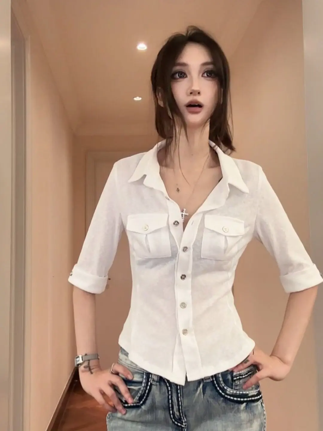 

Slim Fit Shirt Women's mid Sleeve Waist Cinched White Shirt French Style Fashionable Slimming Top City Walk Suitable