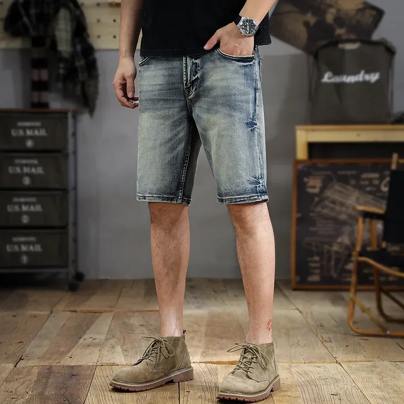 2024 new high-end retro washed men's jeans shorts summer new fashion casual street fashion all-match slim straight pants