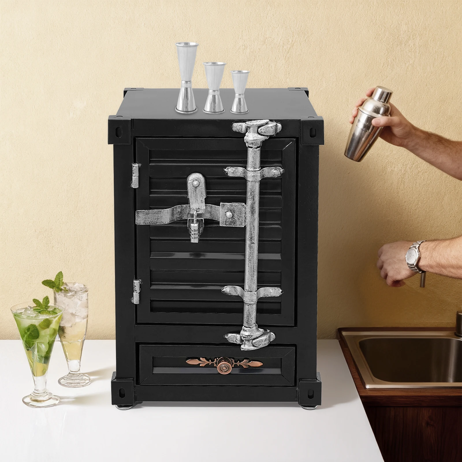 

Iron Industrial Metal Container Side Table, Rectangular Vertical Storage Cabinet with Door & Lock for Bedroom, Coffee Shop