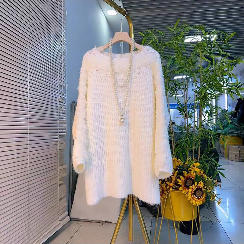 Rose Nail Bead Design, Medium Length Long Coat, Winter Slimming Knit Sweater, All Match Elegant Casual Women's Top