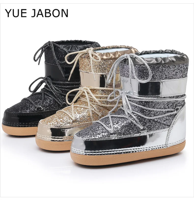 Botas de invierno resistentes al agua doradas y plateadas para mujer, botas cortas negras con plataforma gruesa, botas con cordones y purpurina, zapatos antideslizantes
