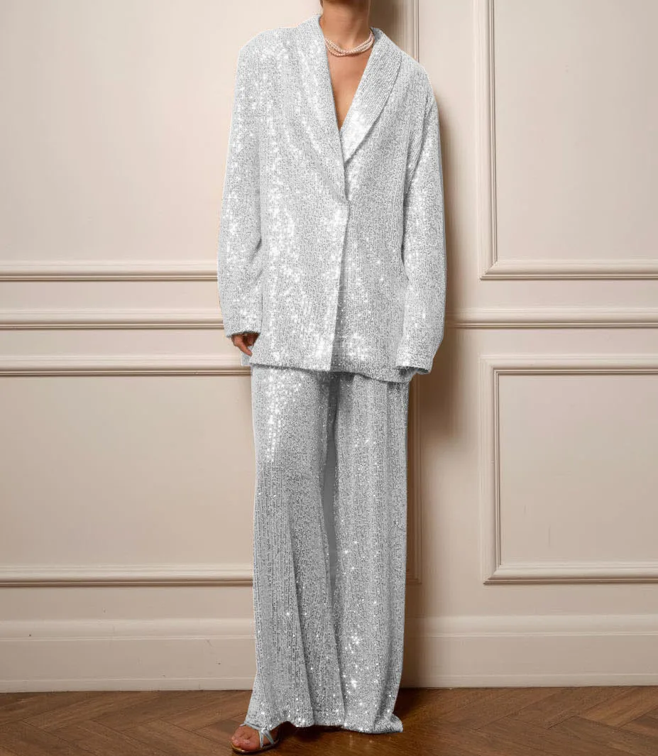 Elegante giacca con paillettes Pantaloni 2 pezzi Completi da donna Lucido con un bottone Risvolto Cappotto a maniche lunghe Pantalone a gamba larga Nuovo in abito coordinato