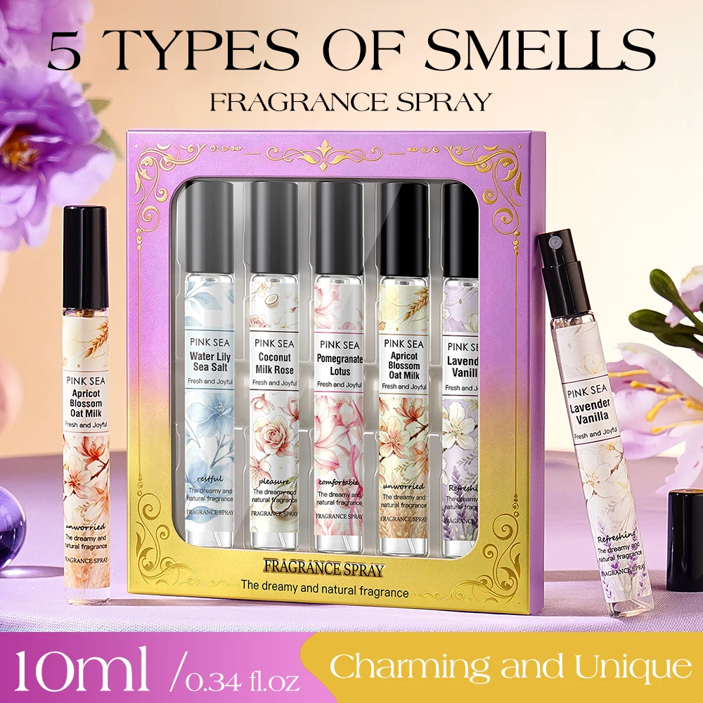 ``` PINK SEA 5x10ml Portable Perfume Spray Set Water Lily Sea Salt Apricot Oat Milk Coconut Rose Lavender Vanilla Light Fragranc