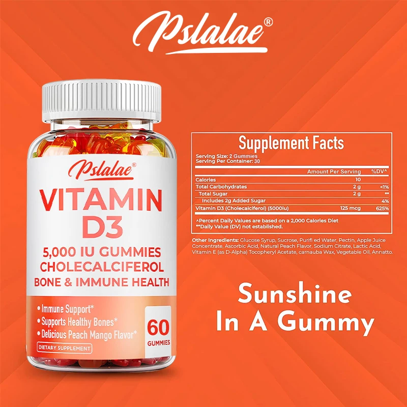 Vitamin D3 5000IU Gummies - Support Brain, Heart, Joint, Bone & Skin Health, Antioxidant, Immunity Boost