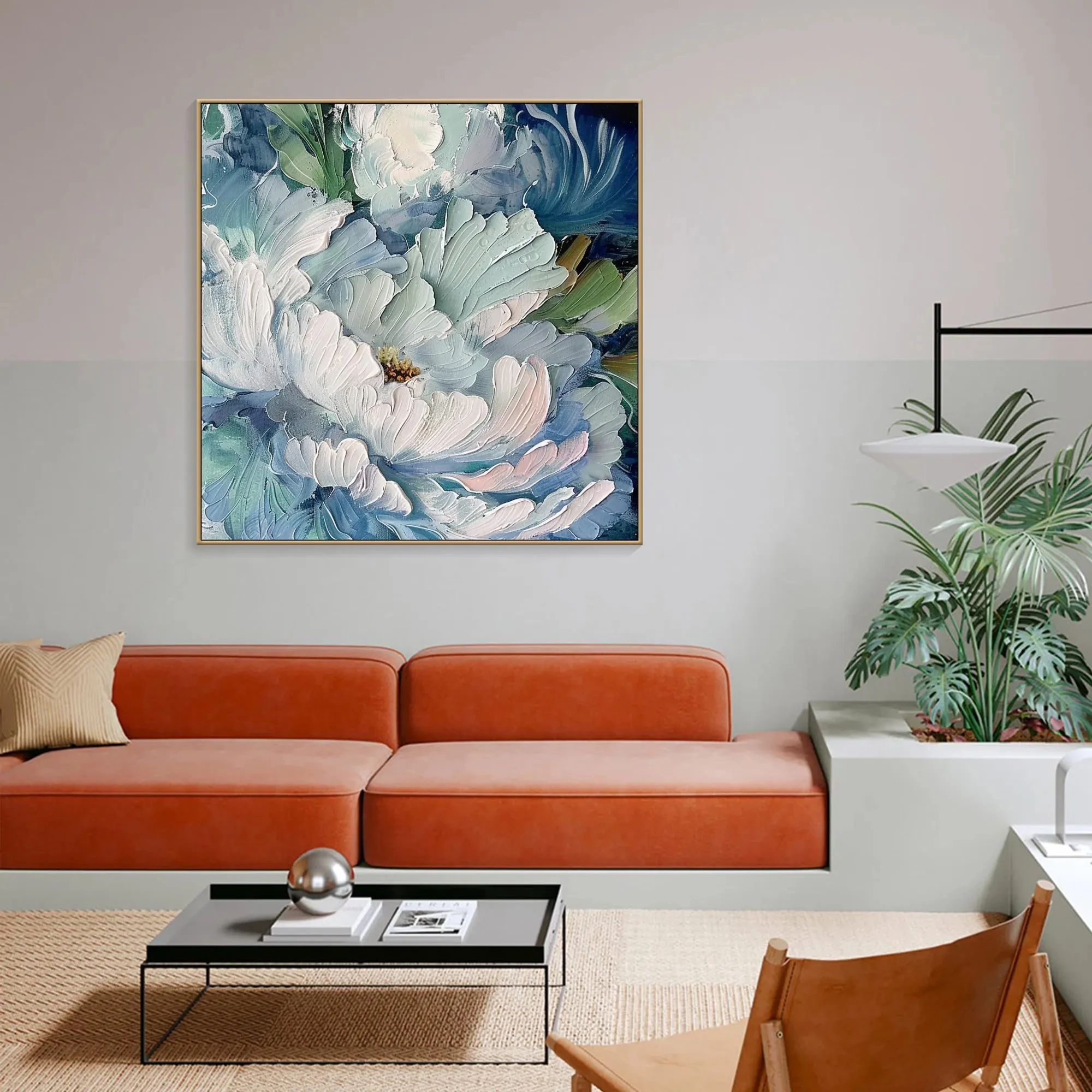 لوحة زيتية كبيرة على الطراز الفرنسي أنيقة باللون الأزرق الفاتح على شكل زهور، لوحة زيتية حديثة تجريدية، ديكور مثالي لغرفة المعيشة