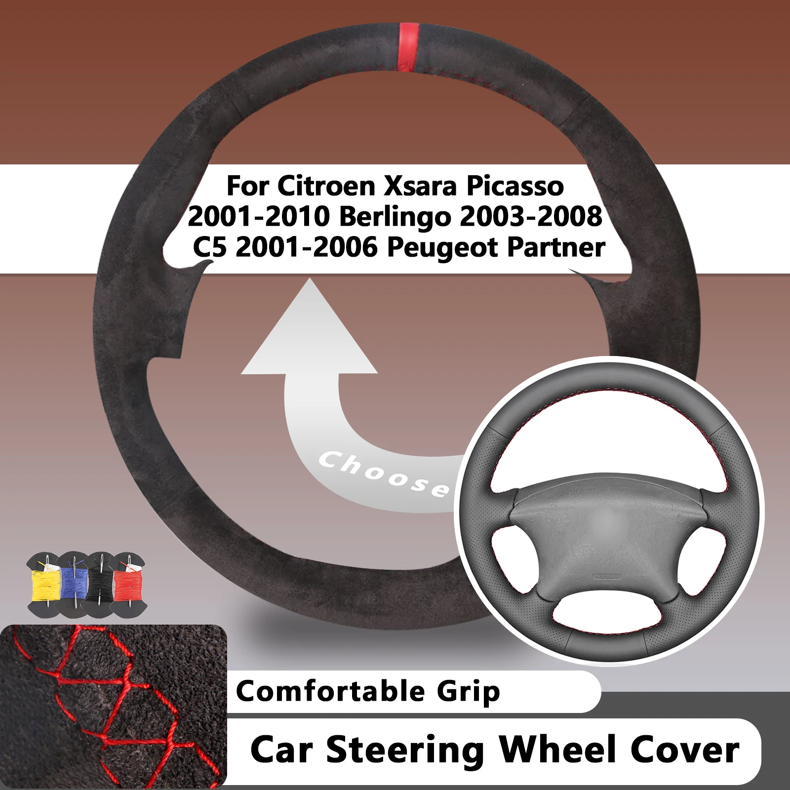 Capa de Volante de Carro em Suede para Citroen Xsara Picasso 2001-2010, Berlingo 2003-2008, C5 2001-2006, Peugeot Partner em Couro