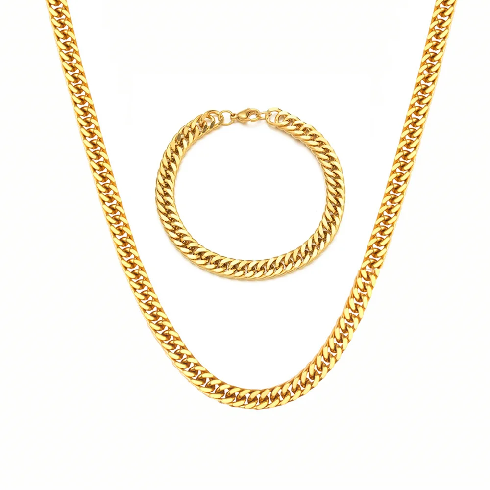 Punk kubanische Glieder kette Halskette Armband Set 6,5mm Gold Farbe Edelstahl Ketten für Männer Frauen Mode Party Schmuck Sets