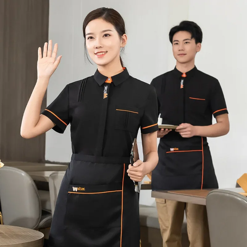 Leite loja de chá roupas de trabalho verão catering restaurante garçom uniforme mulher padeiro garçom camisa hotel comida serice garçonete uniforme