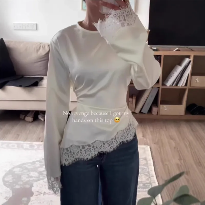 

Elegant Chic Satin Shirt 2026 Summer Lace Patchwork O-neck Flare Sleeve Solid color Lace-up Slim Waist Blouse Irregular Tops