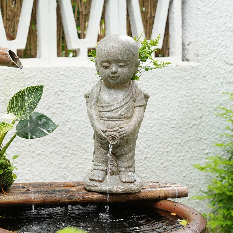 Peeing Boy Garden Fountain Statue Yard Recirculating Water Feature with Fortune Symbol Creative Copper Sculpture Courtyard Decor