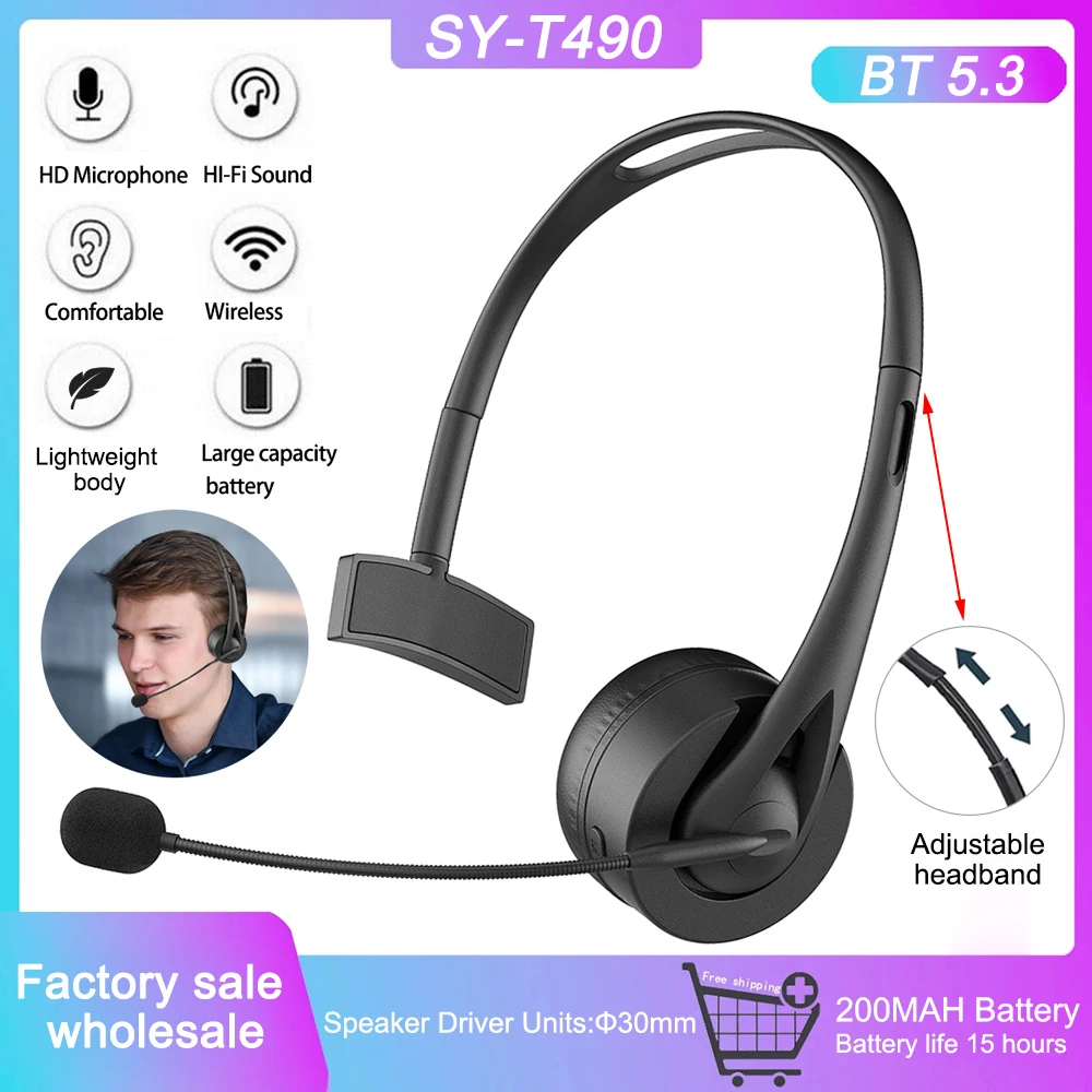 BT V5.3 Headset with Mic Head-mounted Wireless Truck Driver HiFi Headphones Hands-free Call Headset for Call Center Office